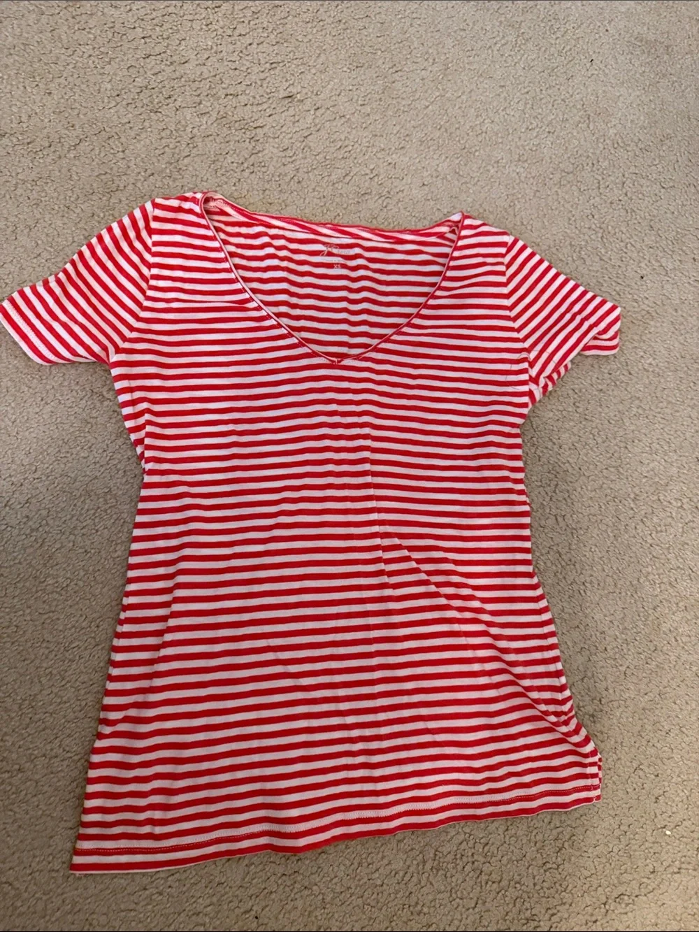 Women’s Red and White Striped V-Neck Tee